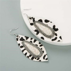 Artificial Turquoise Inlaid Leopard Prints Leaves Design Leather Women Earrings - White
