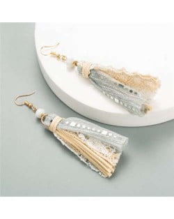 Bohemian Fashion Assorted Cloth Threads Women Tassel Earrings - White