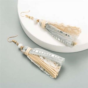 Bohemian Fashion Assorted Cloth Threads Women Tassel Earrings - White