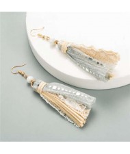 Bohemian Fashion Assorted Cloth Threads Women Tassel Earrings - White
