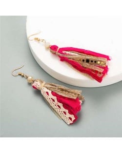 Bohemian Fashion Assorted Cloth Threads Women Tassel Earrings - Red