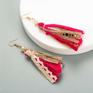 Bohemian Fashion Assorted Cloth Threads Women Tassel Earrings - Red