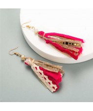 Bohemian Fashion Assorted Cloth Threads Women Tassel Earrings - Red