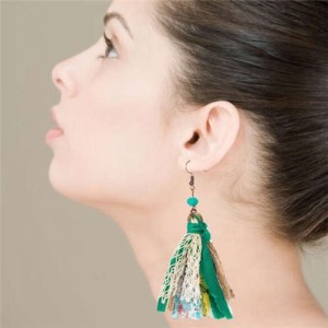 Bohemian Fashion Assorted Cloth Threads Women Tassel Earrings - Green