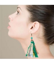 Bohemian Fashion Assorted Cloth Threads Women Tassel Earrings - Green