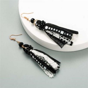 Bohemian Fashion Assorted Cloth Threads Women Tassel Earrings - Black
