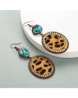 Natural Stone and Rhinestone Inlaid Leopard Prints Vintage Fashion Women Earrings - Dark Brown