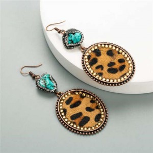 Natural Stone and Rhinestone Inlaid Leopard Prints Vintage Fashion Women Earrings - Dark Brown
