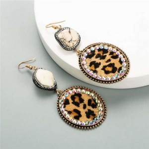 Natural Stone and Rhinestone Inlaid Leopard Prints Vintage Fashion Women Earrings - Light Brown