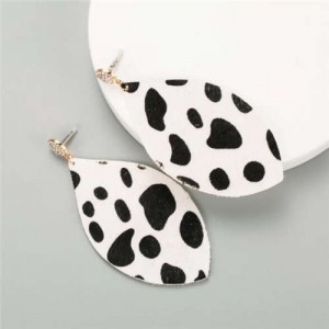 Leopard Prints Leaves Design Rhinestone Stud Women Fashion Earrings - White