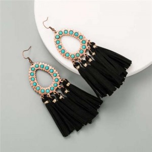 Artificial Turquoise Embellished Waterdrop with Tassel Design Women Costume Earrings - Black