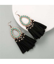 Artificial Turquoise Embellished Waterdrop with Tassel Design Women Costume Earrings - Black