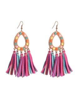 Artificial Turquoise Embellished Waterdrop with Tassel Design Women Costume Earrings - Multicolor