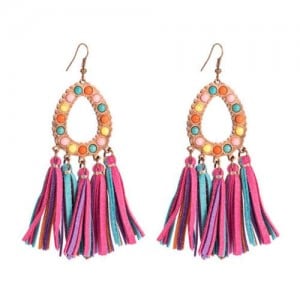 Artificial Turquoise Embellished Waterdrop with Tassel Design Women Costume Earrings - Multicolor