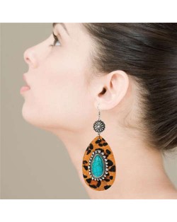 Artificial Turquoise Inlaid Vintage Leopard Prints Leather Waterdrop Design Women Earrings - Brown