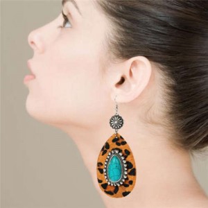 Artificial Turquoise Inlaid Vintage Leopard Prints Leather Waterdrop Design Women Earrings - Brown