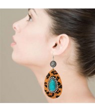 Artificial Turquoise Inlaid Vintage Leopard Prints Leather Waterdrop Design Women Earrings - Brown