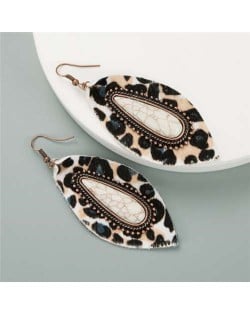 Artificial Turquoise Inlaid Bold Style Leopard Prints Leaf Design Women Earrings - White
