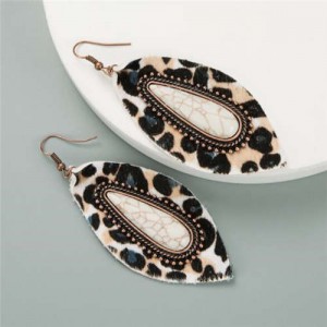 Artificial Turquoise Inlaid Bold Style Leopard Prints Leaf Design Women Earrings - White