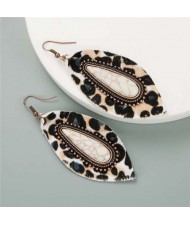 Artificial Turquoise Inlaid Bold Style Leopard Prints Leaf Design Women Earrings - White