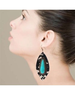 Artificial Turquoise Inlaid Bold Style Leopard Prints Leaf Design Women Earrings - Black