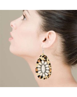 Bohemian Style Turquoise Flower Embellished Leopard Prints Bold Waterdrop Women Statement Earrings - Off-white