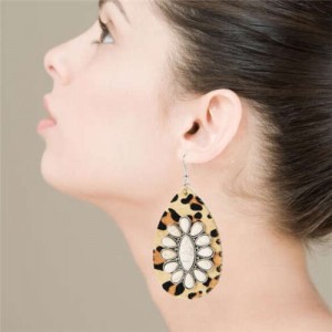 Bohemian Style Turquoise Flower Embellished Leopard Prints Bold Waterdrop Women Statement Earrings - Off-white