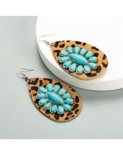 Bohemian Style Turquoise Flower Embellished Leopard Prints Bold Waterdrop Women Statement Earrings - Teal