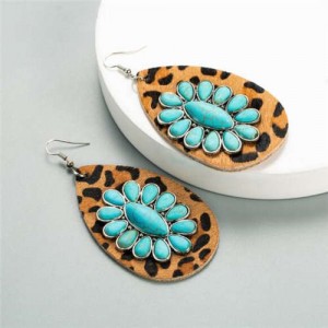 Bohemian Style Turquoise Flower Embellished Leopard Prints Bold Waterdrop Women Statement Earrings - Teal