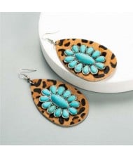 Bohemian Style Turquoise Flower Embellished Leopard Prints Bold Waterdrop Women Statement Earrings - Teal