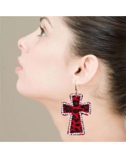 Rhinestone Embellished Leopard Prints Cross Design High Fashion Women Statement Earrings - Red