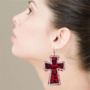 Rhinestone Embellished Leopard Prints Cross Design High Fashion Women Statement Earrings - Red