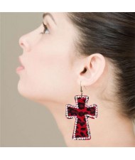 Rhinestone Embellished Leopard Prints Cross Design High Fashion Women Statement Earrings - Red