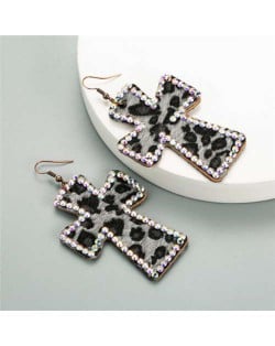 Rhinestone Embellished Leopard Prints Cross Design High Fashion Women Statement Earrings - Black