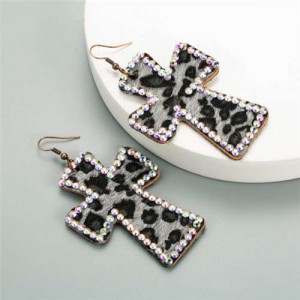 Rhinestone Embellished Leopard Prints Cross Design High Fashion Women Statement Earrings - Black