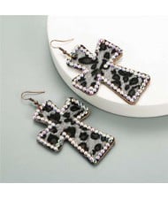 Rhinestone Embellished Leopard Prints Cross Design High Fashion Women Statement Earrings - Black