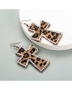 Rhinestone Embellished Leopard Prints Cross Design High Fashion Women Statement Earrings - Brown