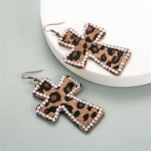 Rhinestone Embellished Leopard Prints Cross Design High Fashion Women Statement Earrings - Brown