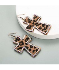 Rhinestone Embellished Leopard Prints Cross Design High Fashion Women Statement Earrings - Brown