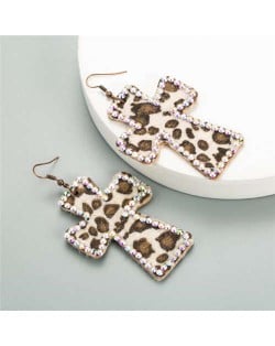 Rhinestone Embellished Leopard Prints Cross Design High Fashion Women Statement Earrings - Off-white