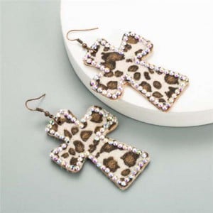 Rhinestone Embellished Leopard Prints Cross Design High Fashion Women Statement Earrings - Off-white