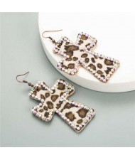 Rhinestone Embellished Leopard Prints Cross Design High Fashion Women Statement Earrings - Off-white