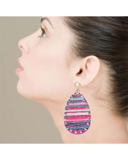 Colorful Painting Prints Waterdrop Design Women Leather Costume Earrings - Purple