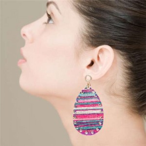 Colorful Painting Prints Waterdrop Design Women Leather Costume Earrings - Purple