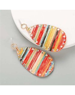 Colorful Painting Prints Waterdrop Design Women Leather Costume Earrings - Red