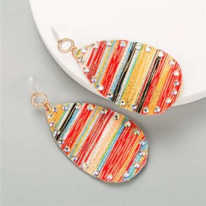 Colorful Painting Prints Waterdrop Design Women Leather Costume Earrings - Red