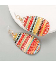 Colorful Painting Prints Waterdrop Design Women Leather Costume Earrings - Red