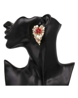 Rhinestone Inlaid Creative Golden Leaf Design Bohemian Fashion Women Earrings - Red