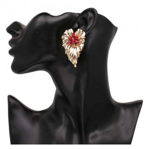 Rhinestone Inlaid Creative Golden Leaf Design Bohemian Fashion Women Earrings - Red