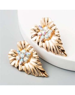 Rhinestone Inlaid Creative Golden Leaf Design Bohemian Fashion Women Earrings - Luminous White